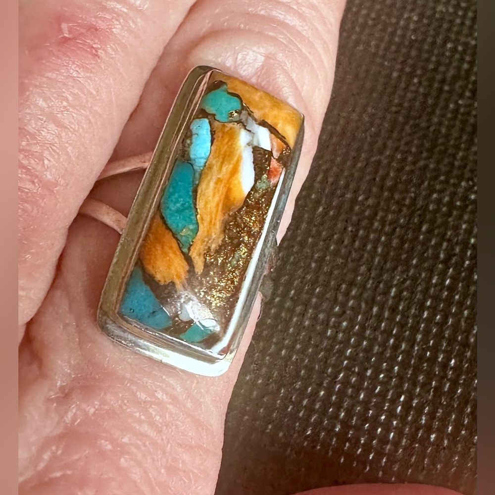 Kingman Turquoise and Spiny Oyster Ring 8 and perfectly matching Earrings SS NWT - Picture 2 of 7